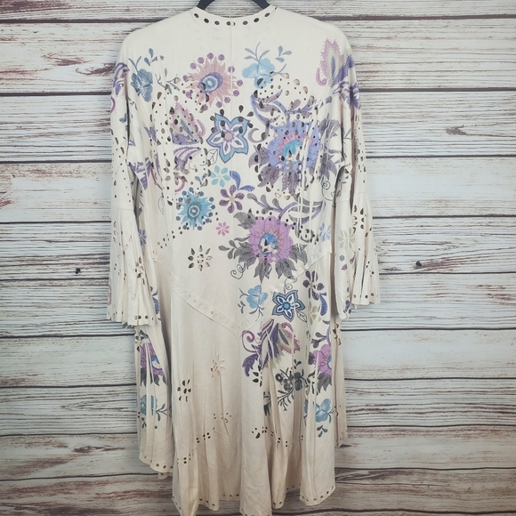 Origami by Vivien Womens Medium Cream Floral Faux Suede Laser Cut Duster Jacket - Picture 7 of 9